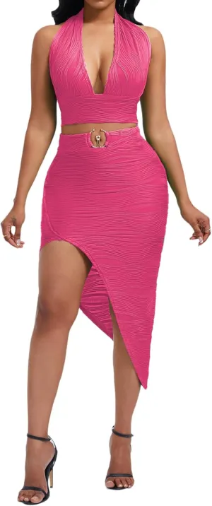 Women's Sexy Clubwear 2 Piece Set Halter Crop Top & High-Slit Bodycon Skirt for Night Out