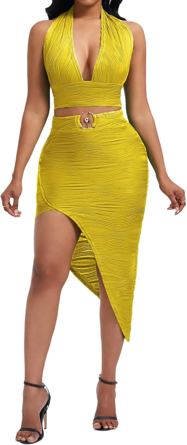 Women's Sexy Clubwear 2 Piece Set Halter Crop Top & High-Slit Bodycon Skirt for Night Out