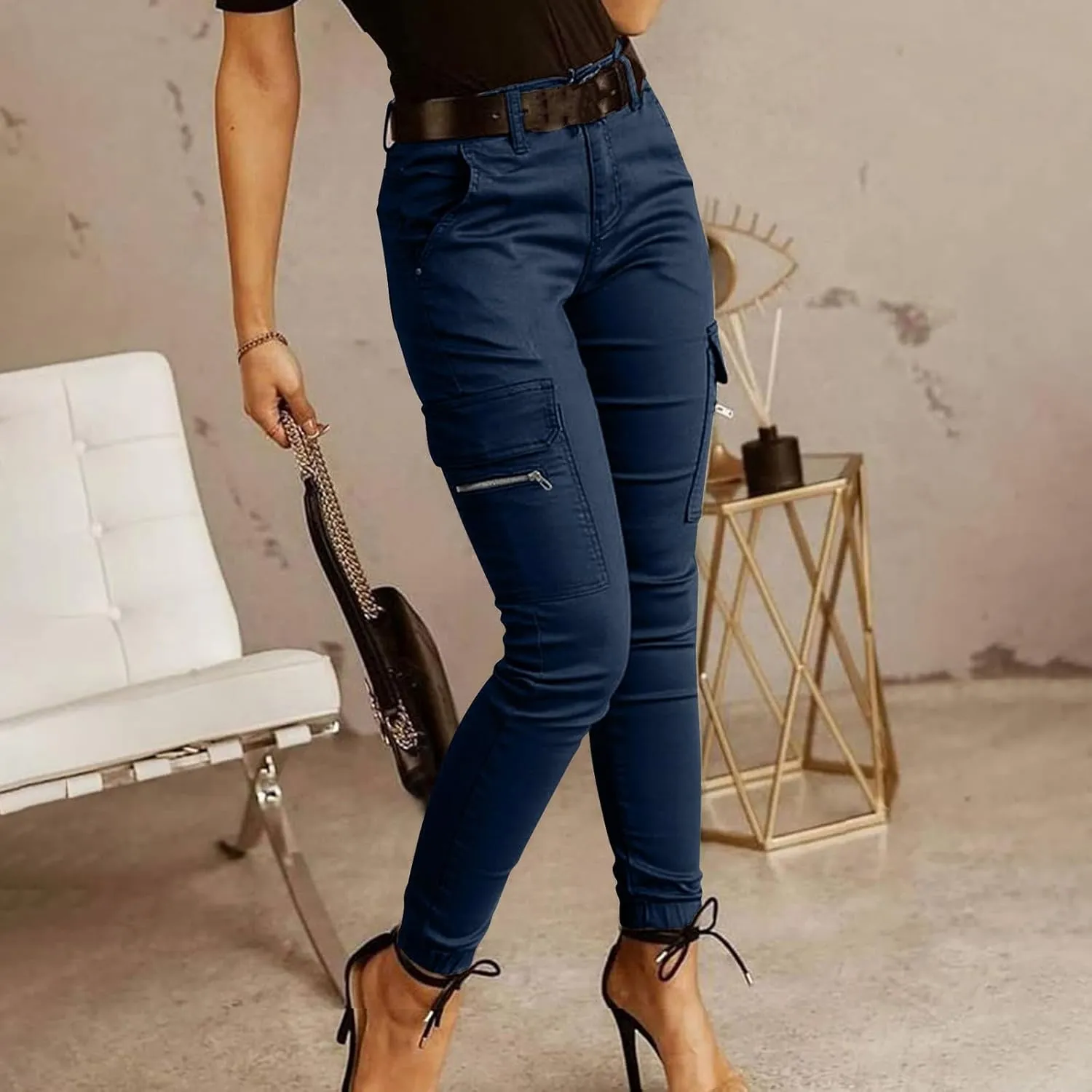 Womens Slim Fit Tight Cargo Pants Military Army Combat Work Pants High Waisted Cotton Casual Hiking Skinny Trousers