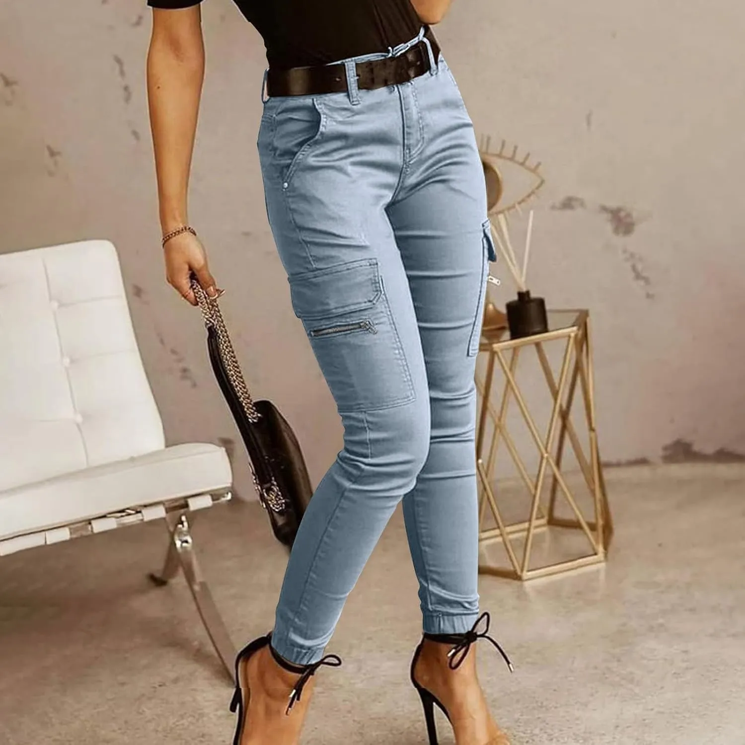 Womens Slim Fit Tight Cargo Pants Military Army Combat Work Pants High Waisted Cotton Casual Hiking Skinny Trousers