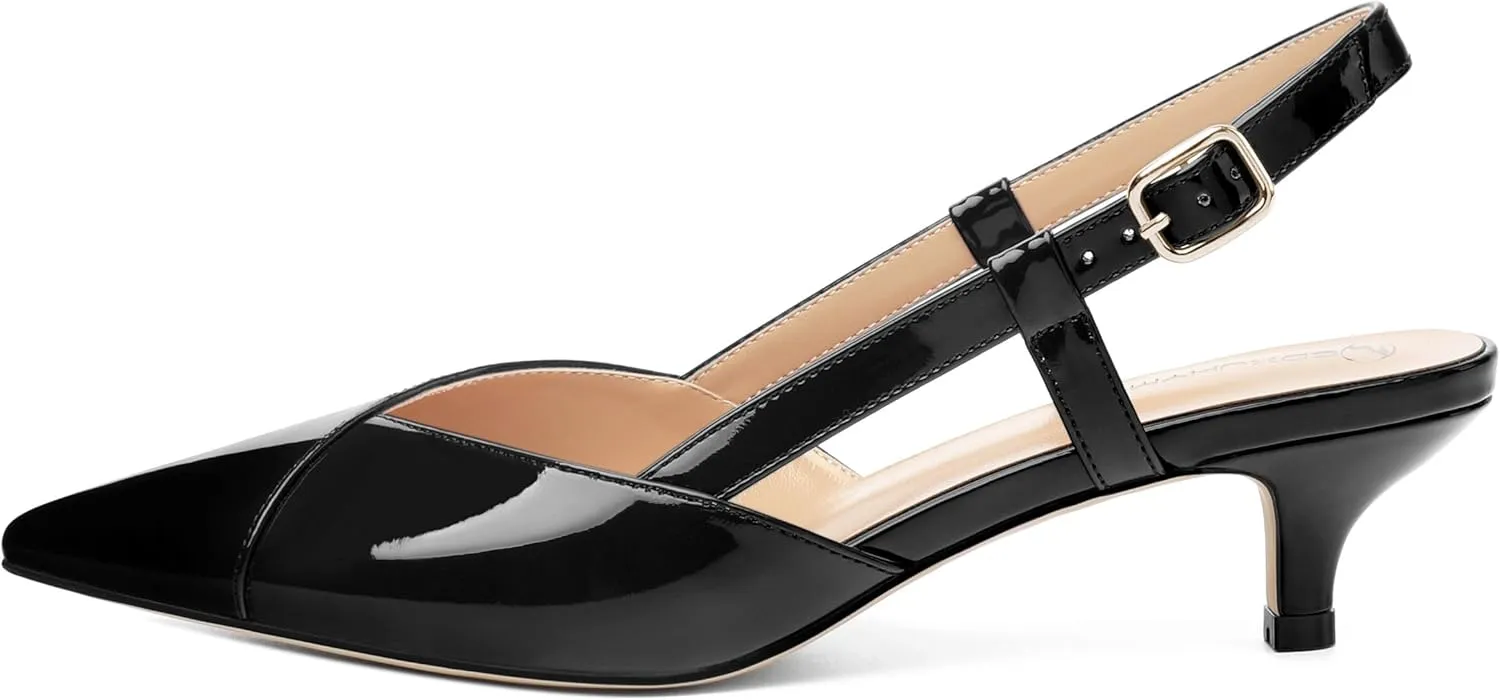 Womens Slingbacks Pumps Low Kitten Heel Pointed Toe Sandals Buckle Dress Shoes for Party Office Wedding 1.5 Inch