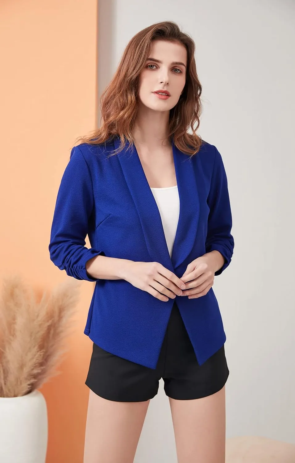 Women's Soft Stretchy Lightweight Cardigan Blazer One Button 3/4 Ruched Sleeve Business Casual Blazer Jackets