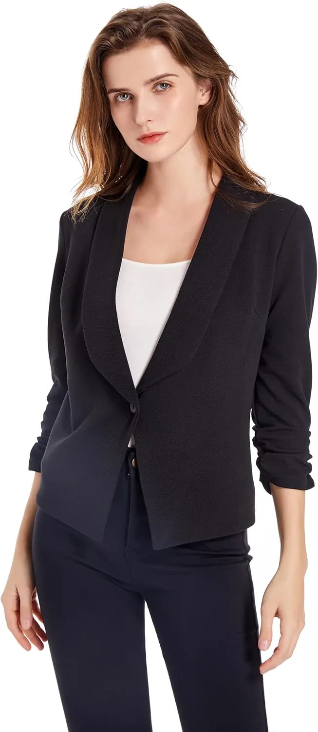 Women's Soft Stretchy Lightweight Cardigan Blazer One Button 3/4 Ruched Sleeve Business Casual Blazer Jackets