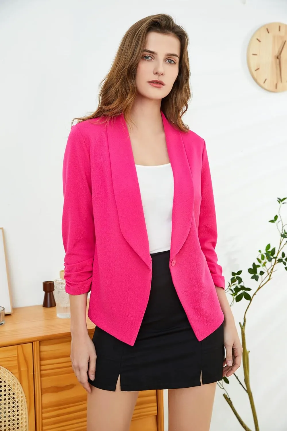 Women's Soft Stretchy Lightweight Cardigan Blazer One Button 3/4 Ruched Sleeve Business Casual Blazer Jackets