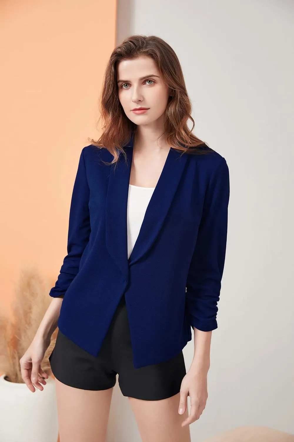 Women's Soft Stretchy Lightweight Cardigan Blazer One Button 3/4 Ruched Sleeve Business Casual Blazer Jackets
