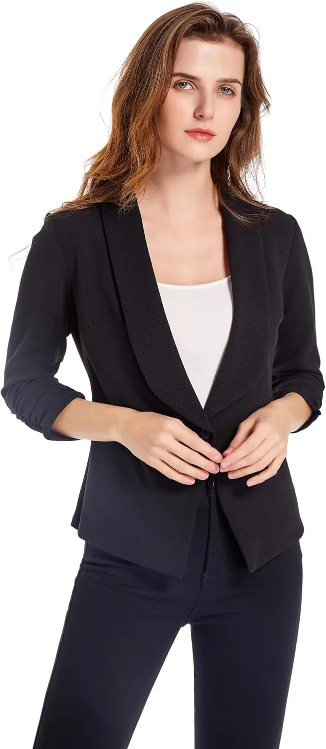 Women's Soft Stretchy Lightweight Cardigan Blazer One Button 3/4 Ruched Sleeve Business Casual Blazer Jackets