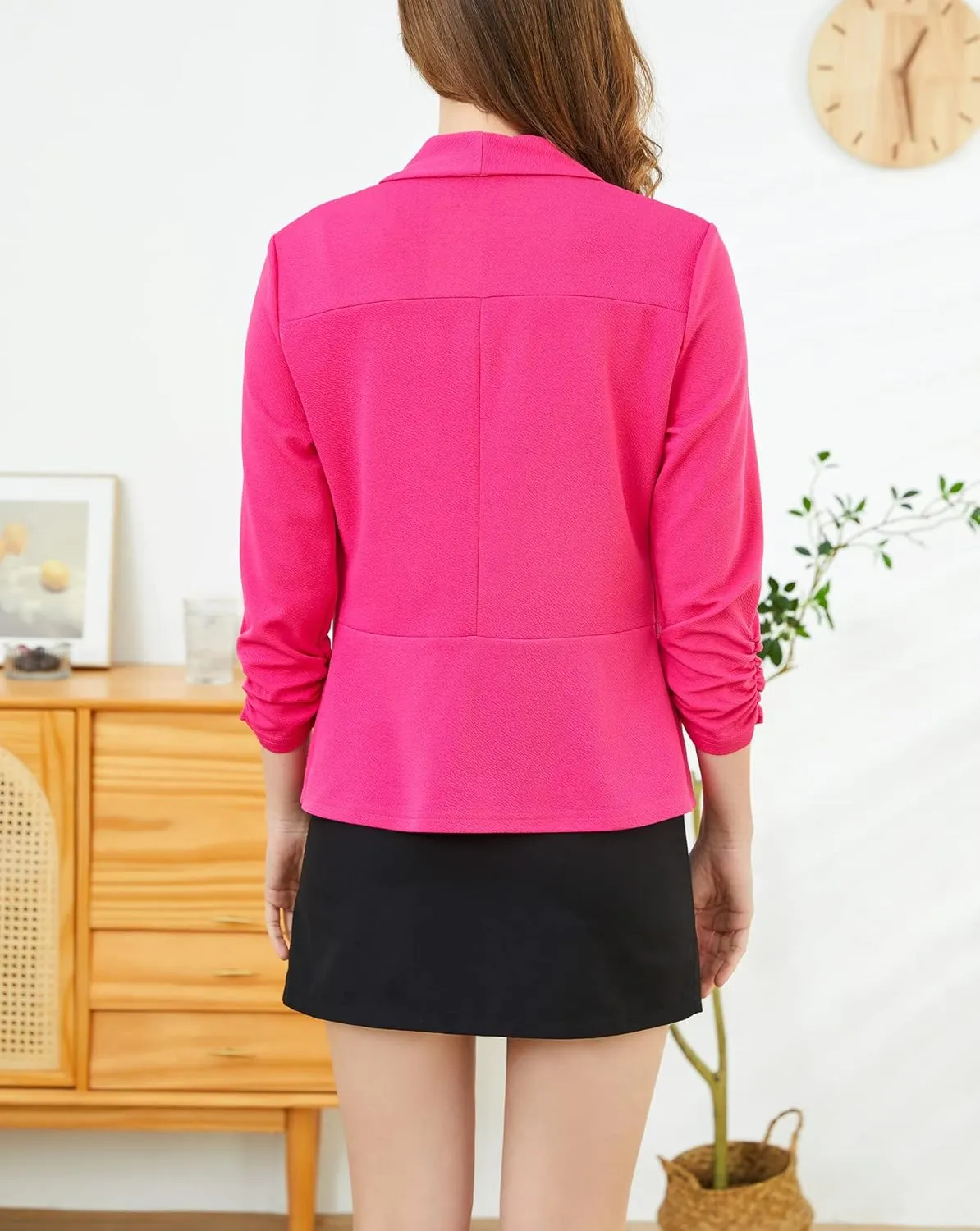 Women's Soft Stretchy Lightweight Cardigan Blazer One Button 3/4 Ruched Sleeve Business Casual Blazer Jackets