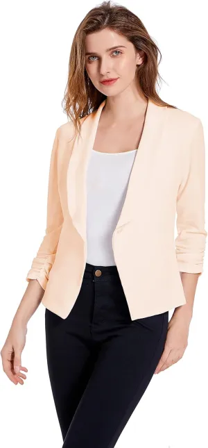 Women's Soft Stretchy Lightweight Cardigan Blazer One Button 3/4 Ruched Sleeve Business Casual Blazer Jackets