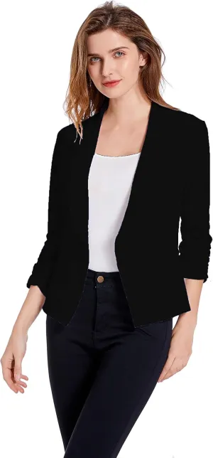 Women's Soft Stretchy Lightweight Cardigan Blazer One Button 3/4 Ruched Sleeve Business Casual Blazer Jackets