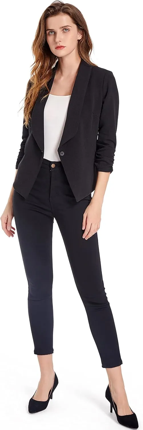 Women's Soft Stretchy Lightweight Cardigan Blazer One Button 3/4 Ruched Sleeve Business Casual Blazer Jackets