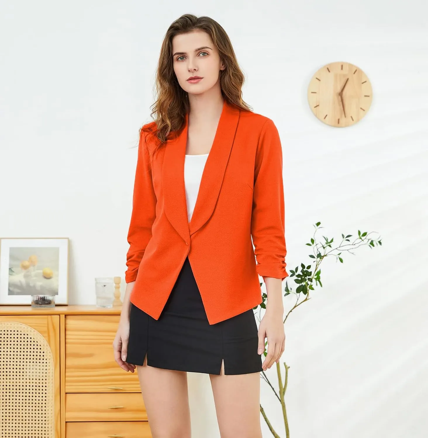 Women's Soft Stretchy Lightweight Cardigan Blazer One Button 3/4 Ruched Sleeve Business Casual Blazer Jackets