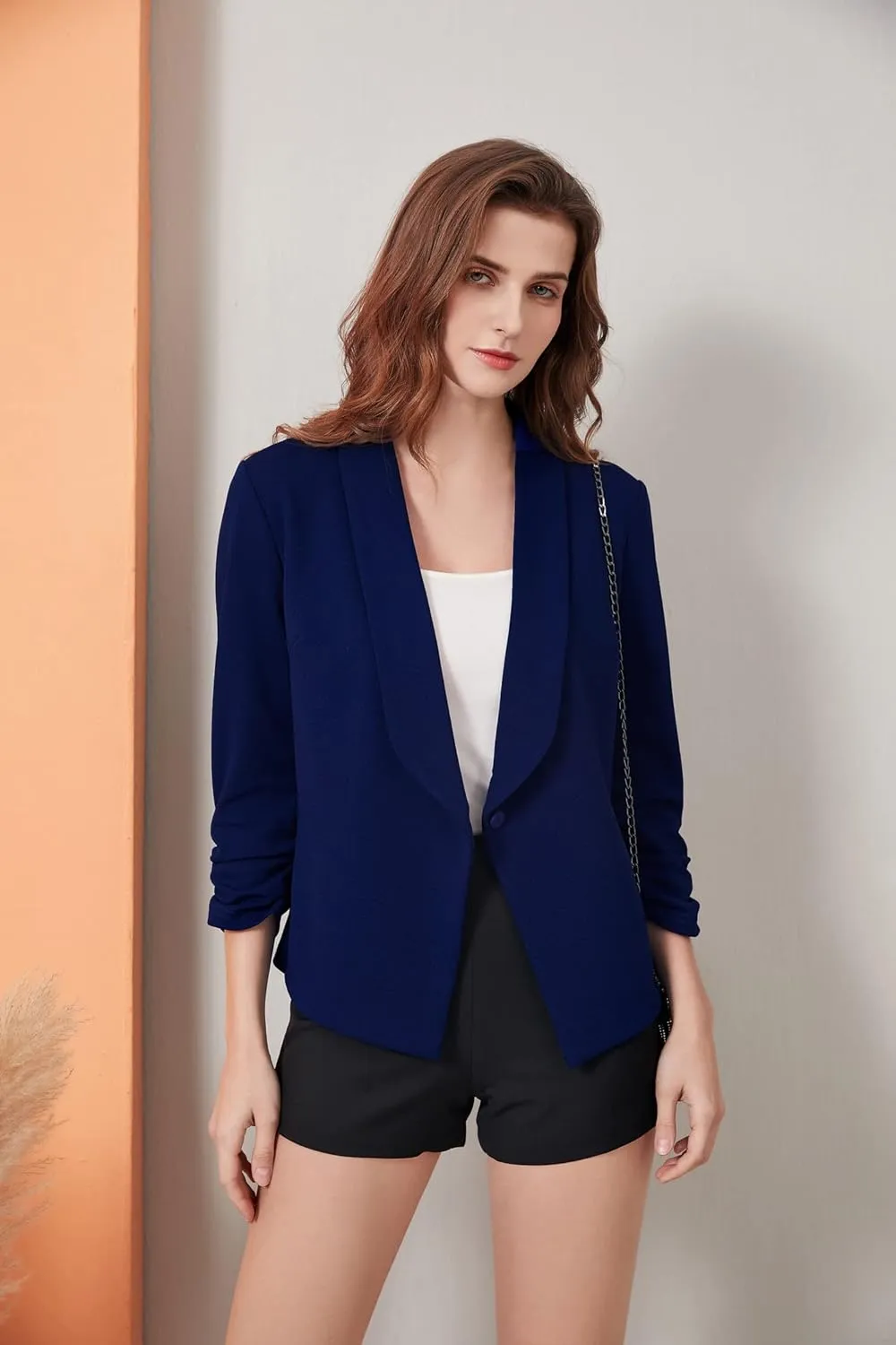 Women's Soft Stretchy Lightweight Cardigan Blazer One Button 3/4 Ruched Sleeve Business Casual Blazer Jackets