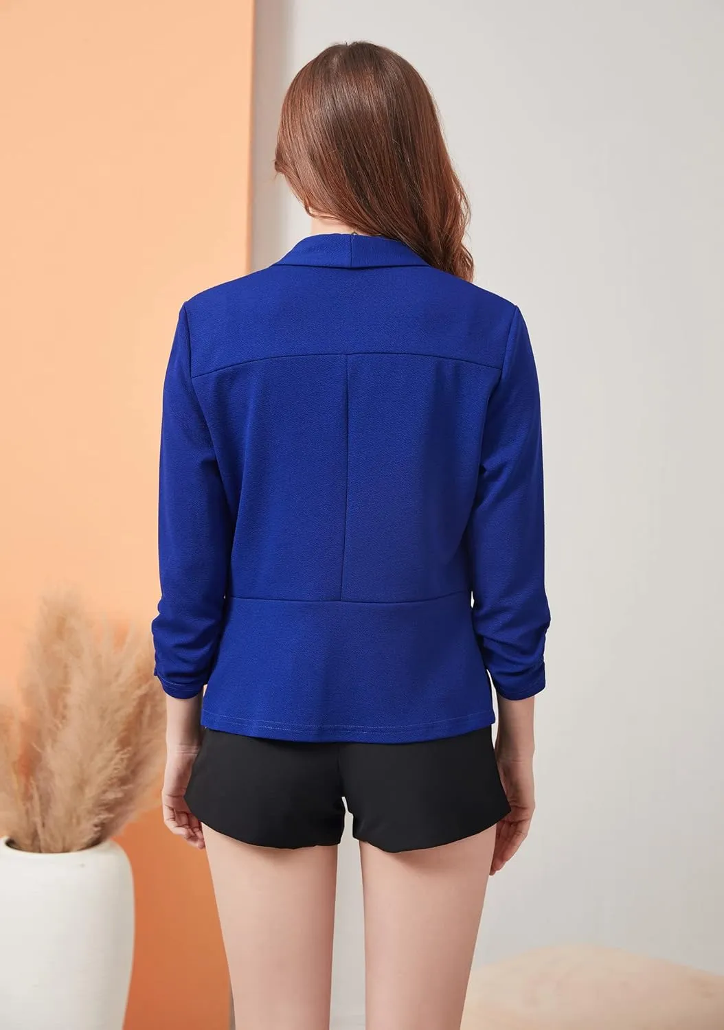 Women's Soft Stretchy Lightweight Cardigan Blazer One Button 3/4 Ruched Sleeve Business Casual Blazer Jackets
