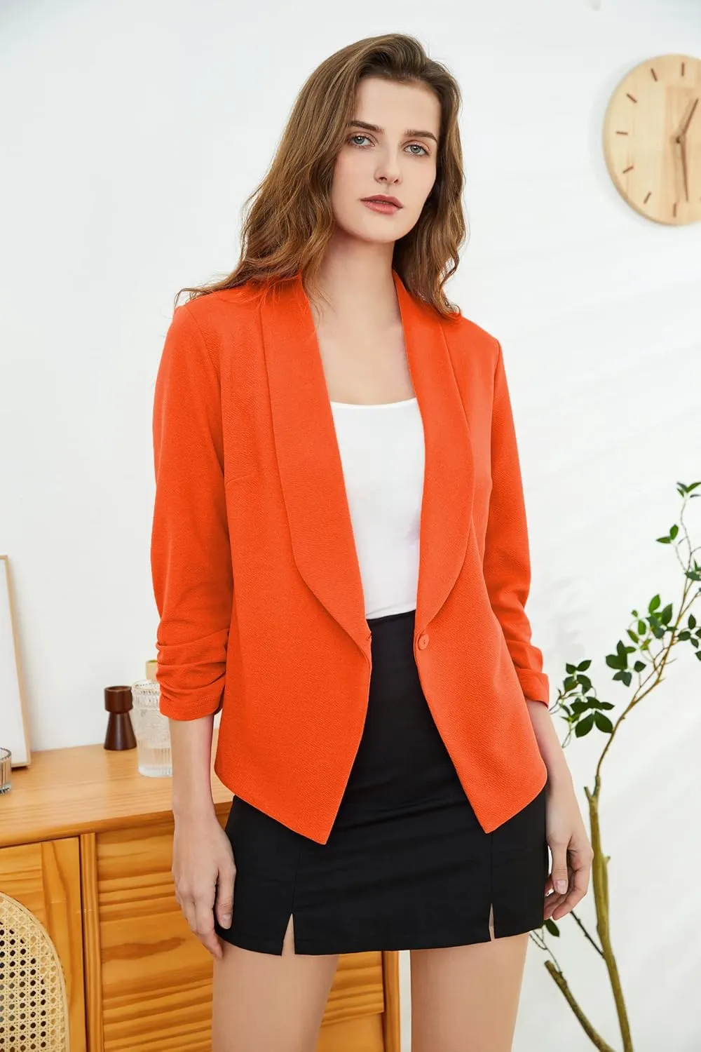 Women's Soft Stretchy Lightweight Cardigan Blazer One Button 3/4 Ruched Sleeve Business Casual Blazer Jackets