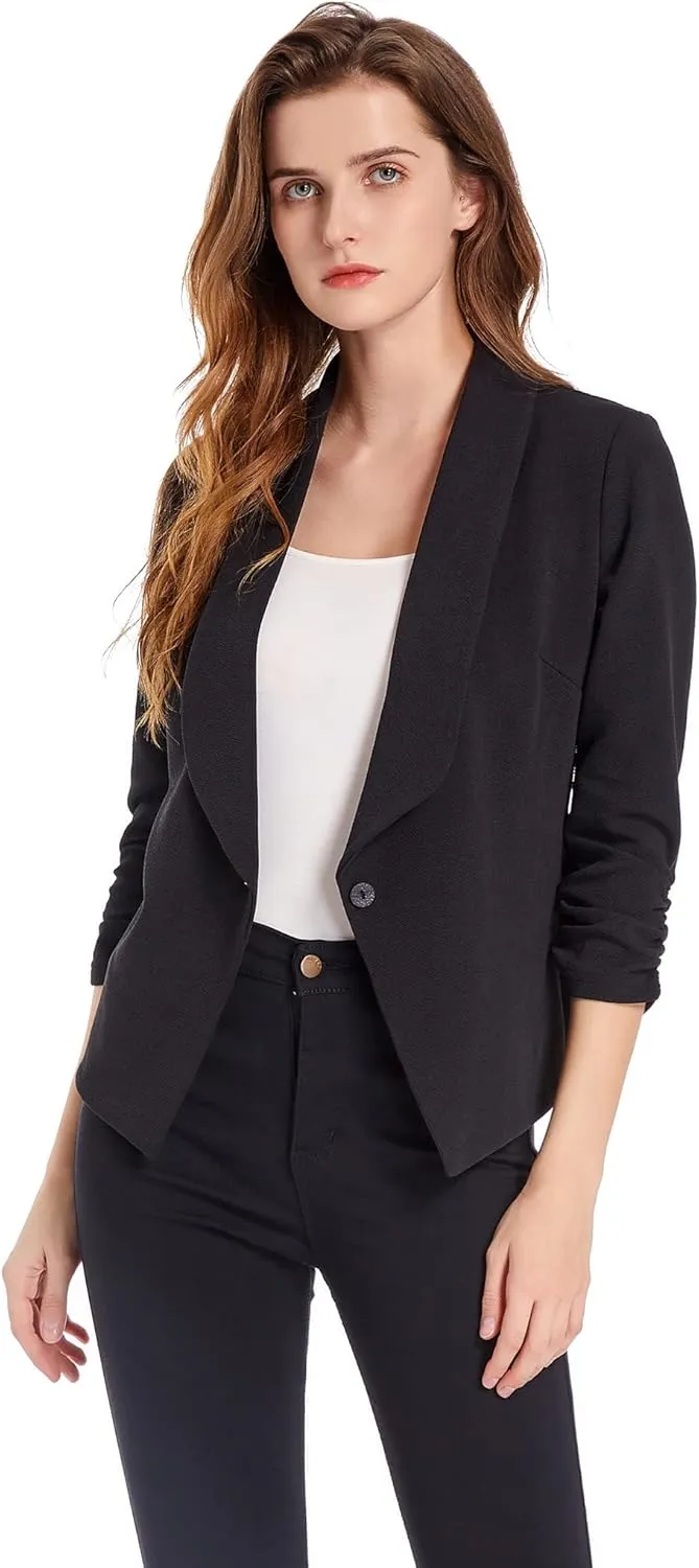Women's Soft Stretchy Lightweight Cardigan Blazer One Button 3/4 Ruched Sleeve Business Casual Blazer Jackets
