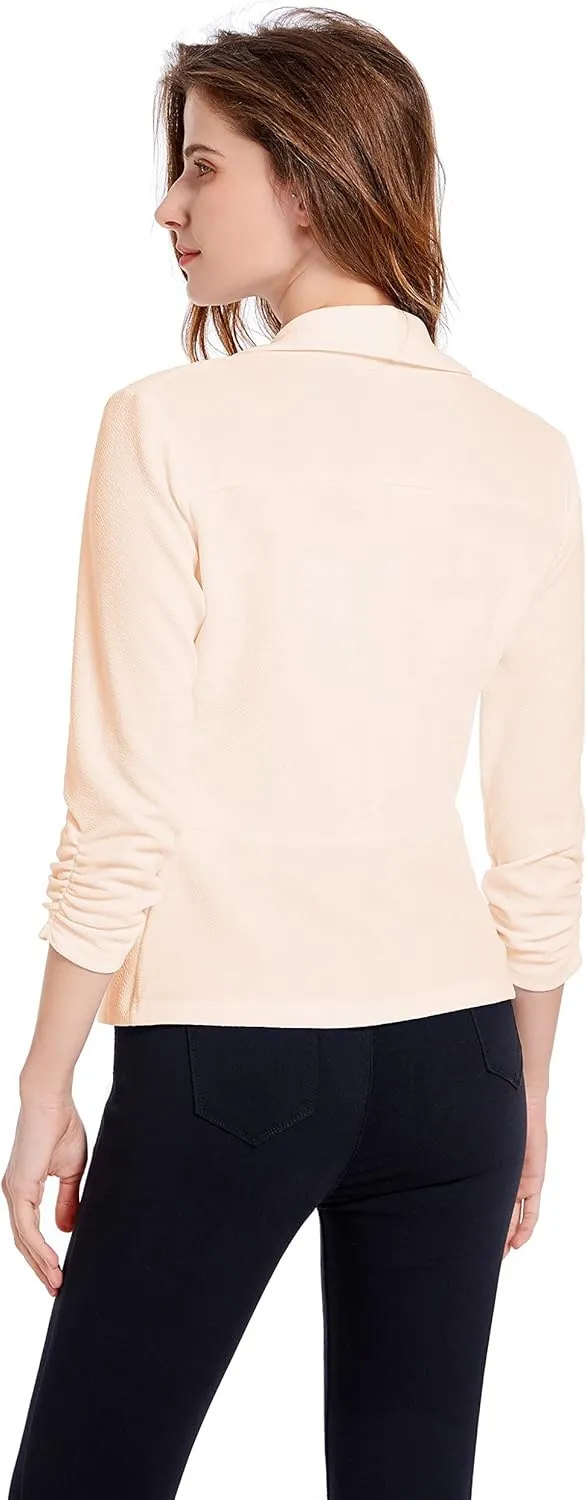 Women's Soft Stretchy Lightweight Cardigan Blazer One Button 3/4 Ruched Sleeve Business Casual Blazer Jackets