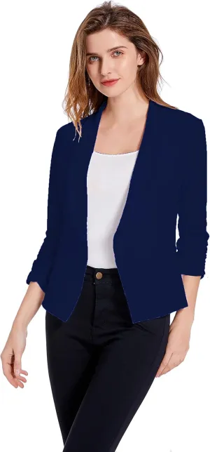 Women's Soft Stretchy Lightweight Cardigan Blazer One Button 3/4 Ruched Sleeve Business Casual Blazer Jackets