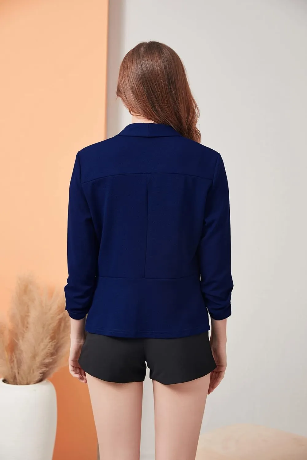 Women's Soft Stretchy Lightweight Cardigan Blazer One Button 3/4 Ruched Sleeve Business Casual Blazer Jackets