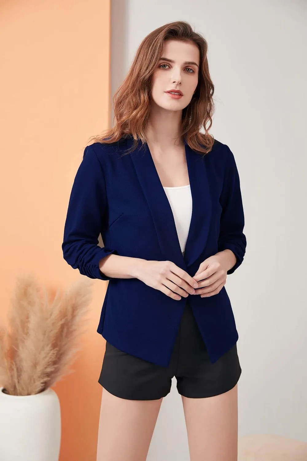 Women's Soft Stretchy Lightweight Cardigan Blazer One Button 3/4 Ruched Sleeve Business Casual Blazer Jackets