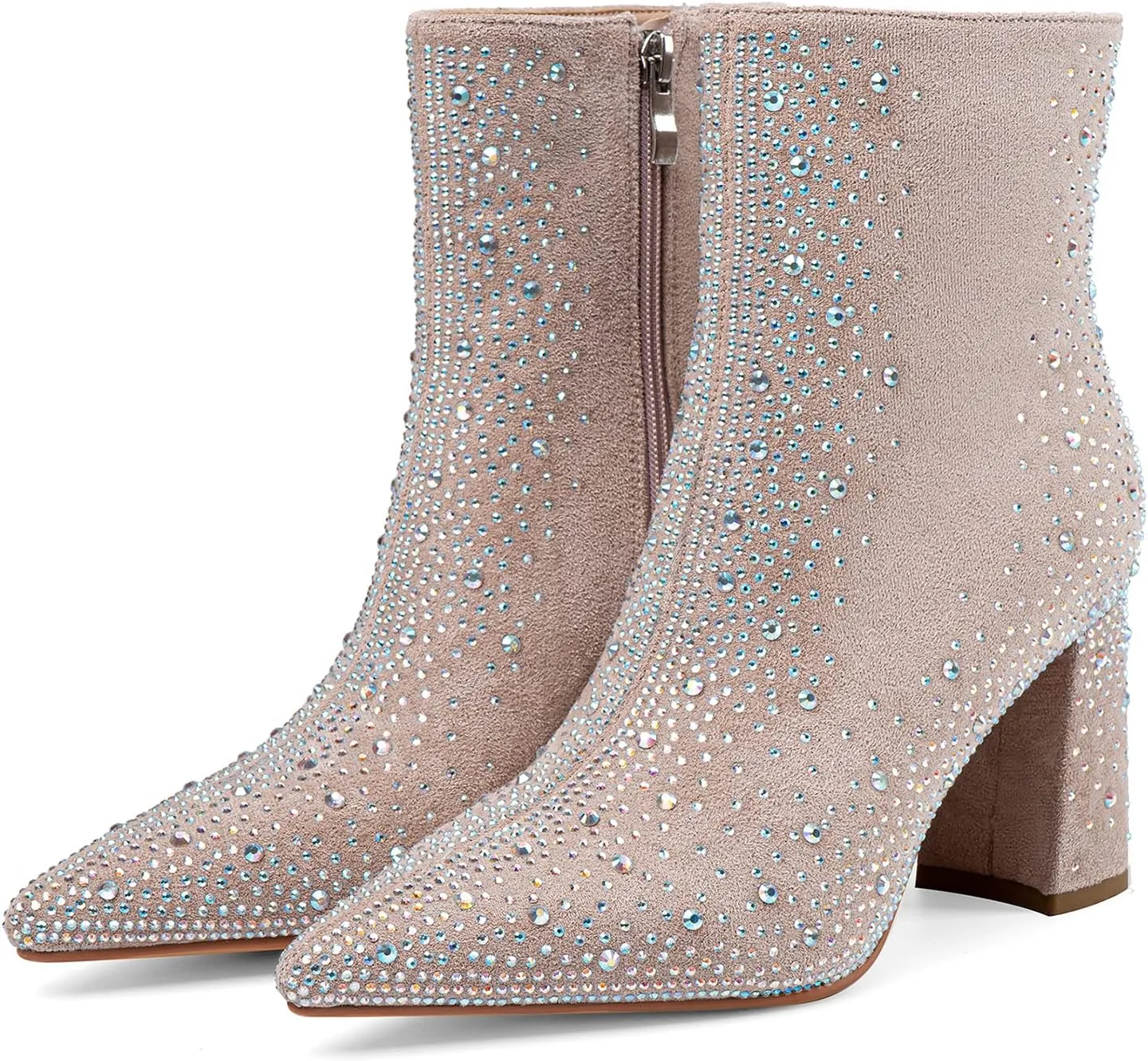 Women's Sparkly Rhinestone Block Heel Ankle Boots Fashion Pointed Toe Black Suede Side Zipper Chunky Heeled Booties