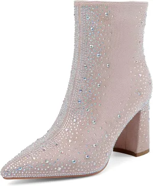 Women's Sparkly Rhinestone Block Heel Ankle Boots Fashion Pointed Toe Black Suede Side Zipper Chunky Heeled Booties