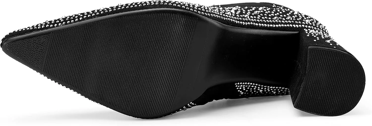 Women's Sparkly Rhinestone Block Heel Ankle Boots Fashion Pointed Toe Black Suede Side Zipper Chunky Heeled Booties