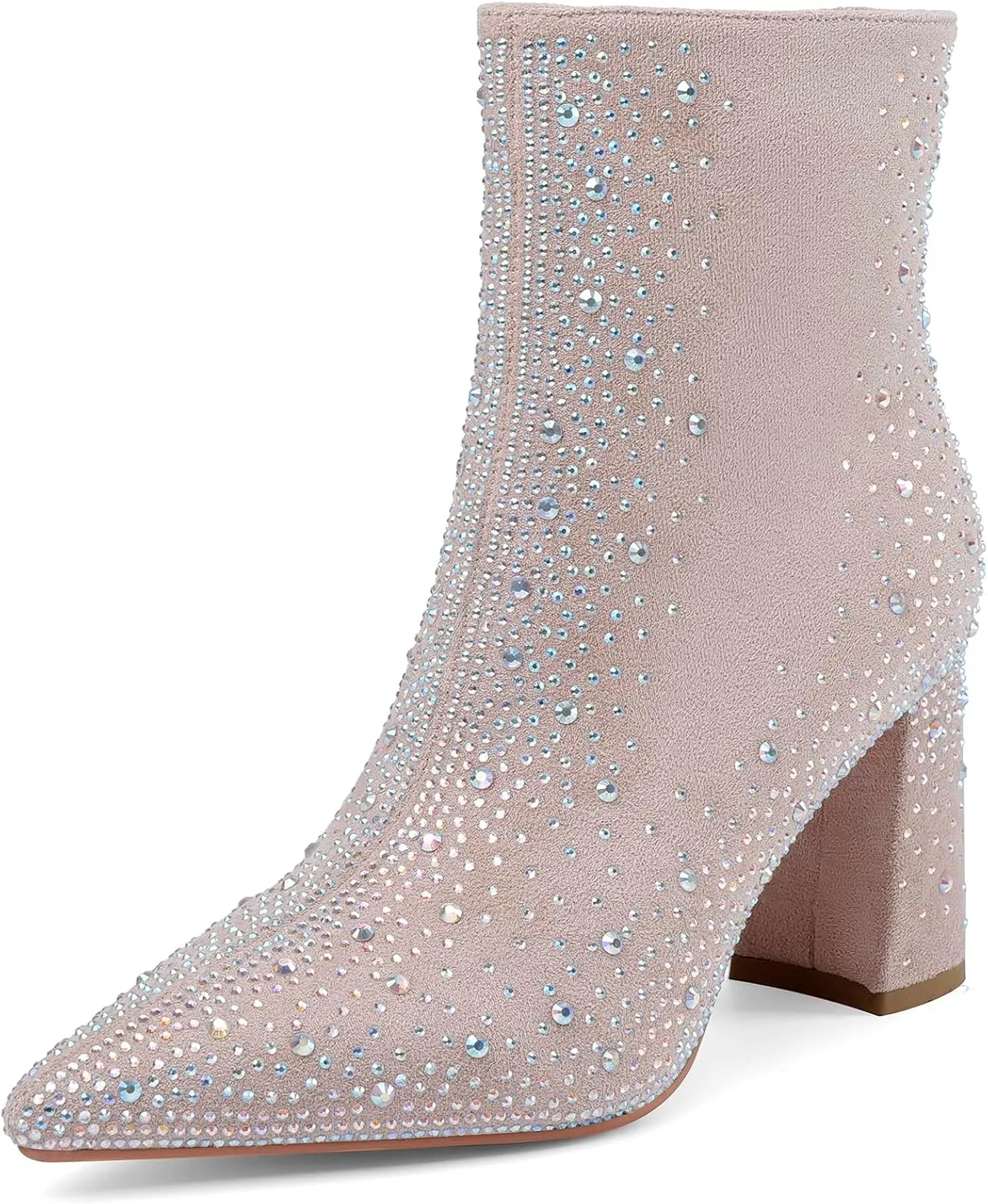 Women's Sparkly Rhinestone Block Heel Ankle Boots Fashion Pointed Toe Black Suede Side Zipper Chunky Heeled Booties