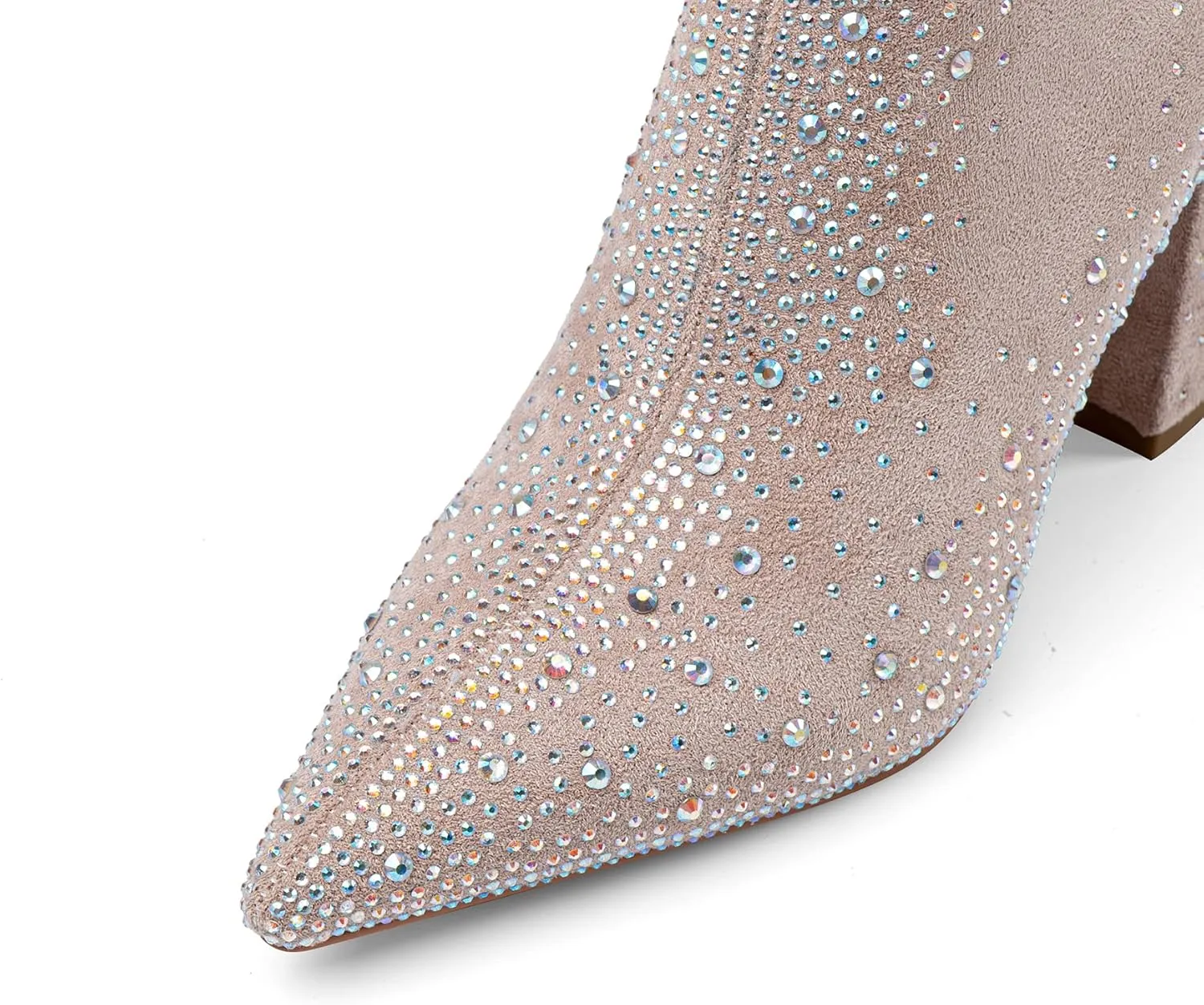 Women's Sparkly Rhinestone Block Heel Ankle Boots Fashion Pointed Toe Black Suede Side Zipper Chunky Heeled Booties