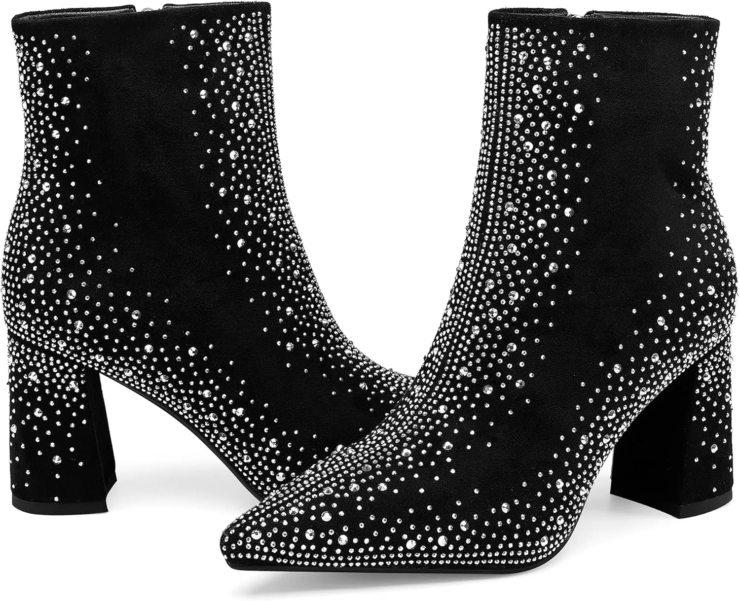 Women's Sparkly Rhinestone Block Heel Ankle Boots Fashion Pointed Toe Black Suede Side Zipper Chunky Heeled Booties