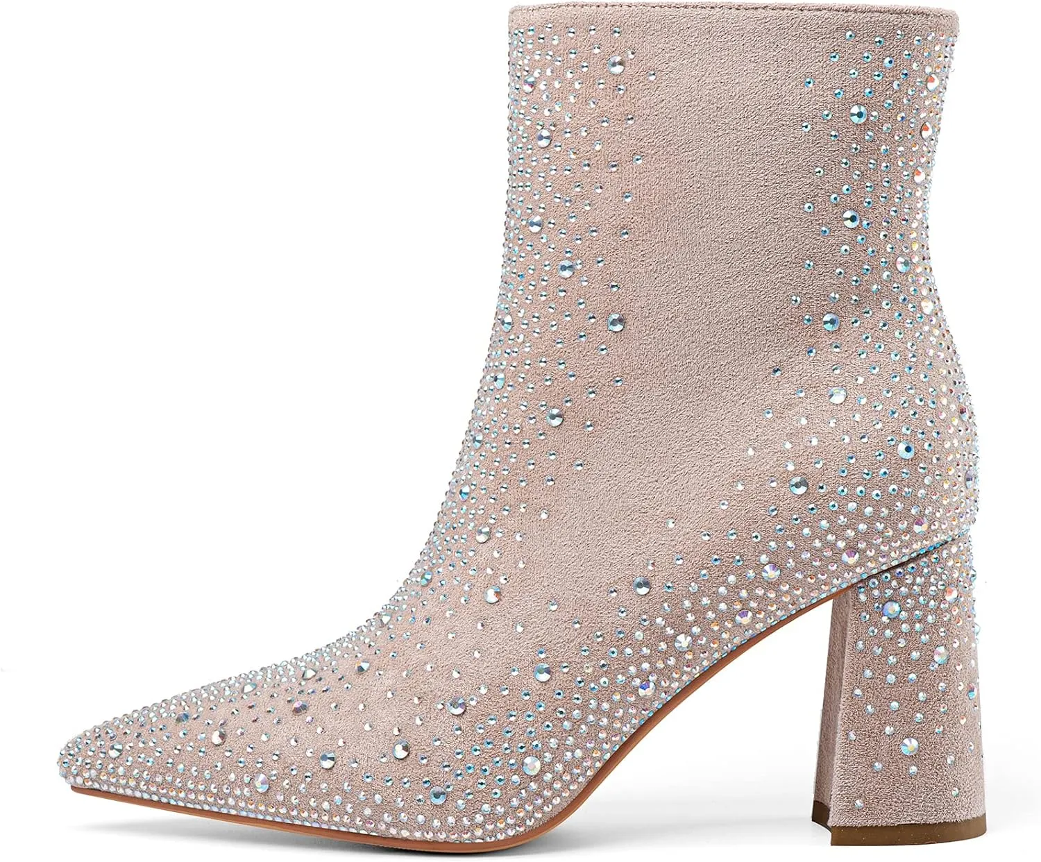Women's Sparkly Rhinestone Block Heel Ankle Boots Fashion Pointed Toe Black Suede Side Zipper Chunky Heeled Booties