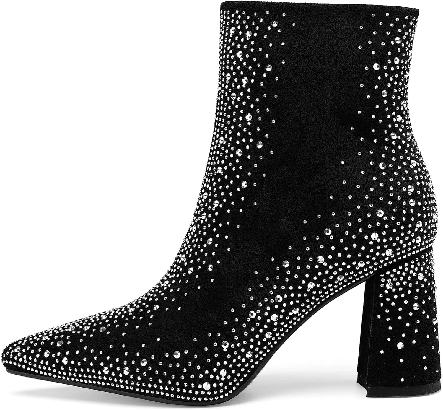Women's Sparkly Rhinestone Block Heel Ankle Boots Fashion Pointed Toe Black Suede Side Zipper Chunky Heeled Booties