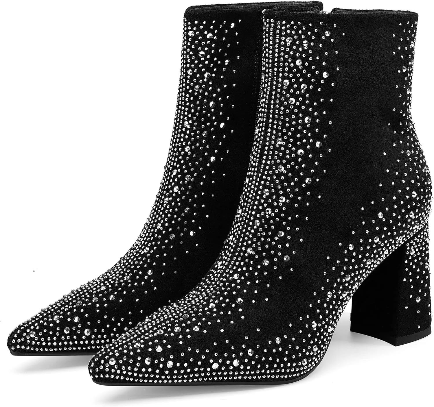 Women's Sparkly Rhinestone Block Heel Ankle Boots Fashion Pointed Toe Black Suede Side Zipper Chunky Heeled Booties