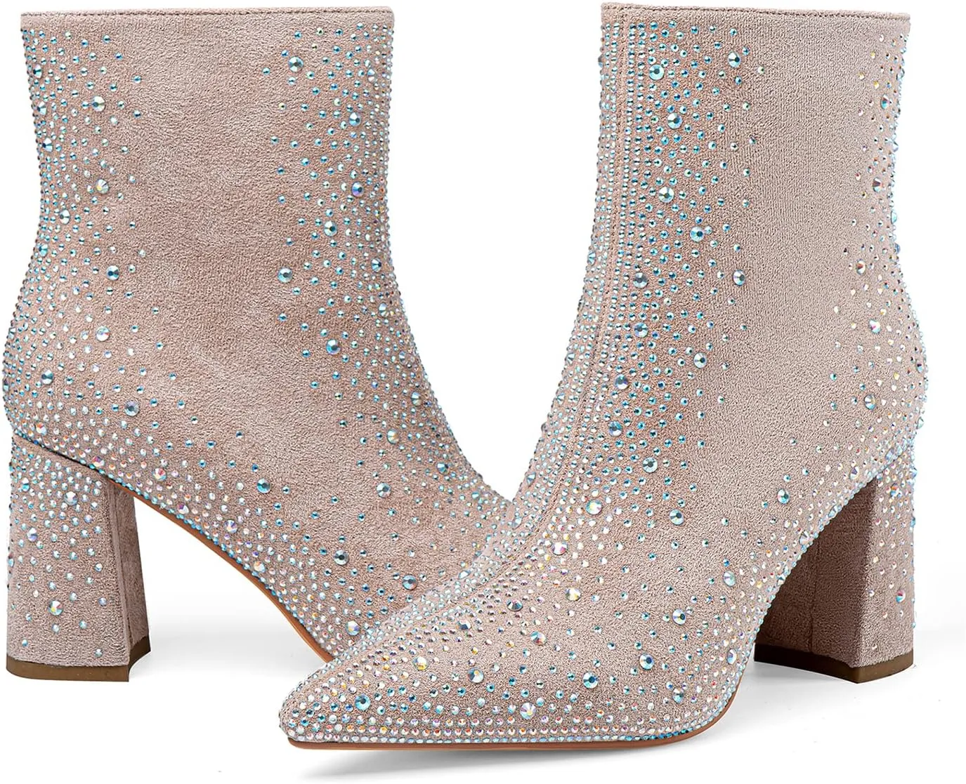 Women's Sparkly Rhinestone Block Heel Ankle Boots Fashion Pointed Toe Black Suede Side Zipper Chunky Heeled Booties