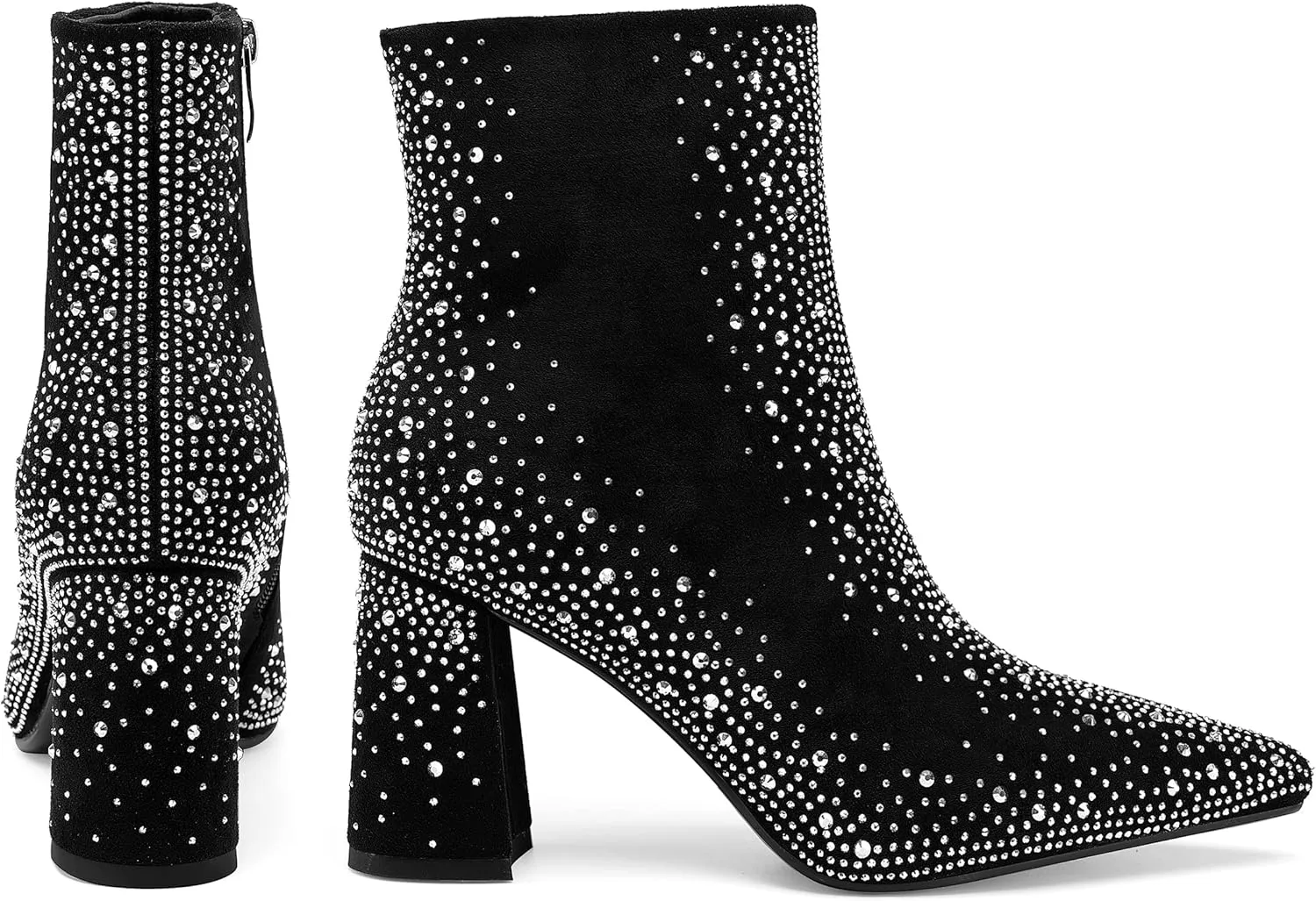 Women's Sparkly Rhinestone Block Heel Ankle Boots Fashion Pointed Toe Black Suede Side Zipper Chunky Heeled Booties