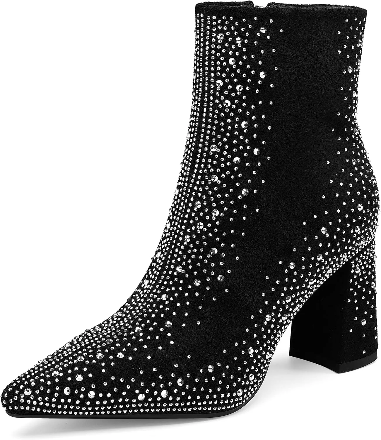 Women's Sparkly Rhinestone Block Heel Ankle Boots Fashion Pointed Toe Black Suede Side Zipper Chunky Heeled Booties