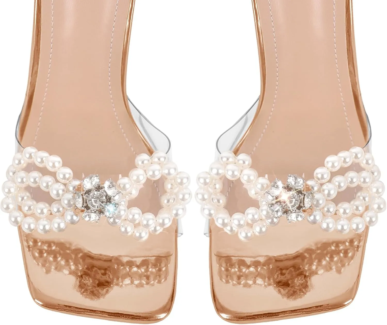 Women's Square Toe Clear Heels Sexy Rhinestone Bow Heels Open Toe Ankle Strap Stiletto High Heel Sandals