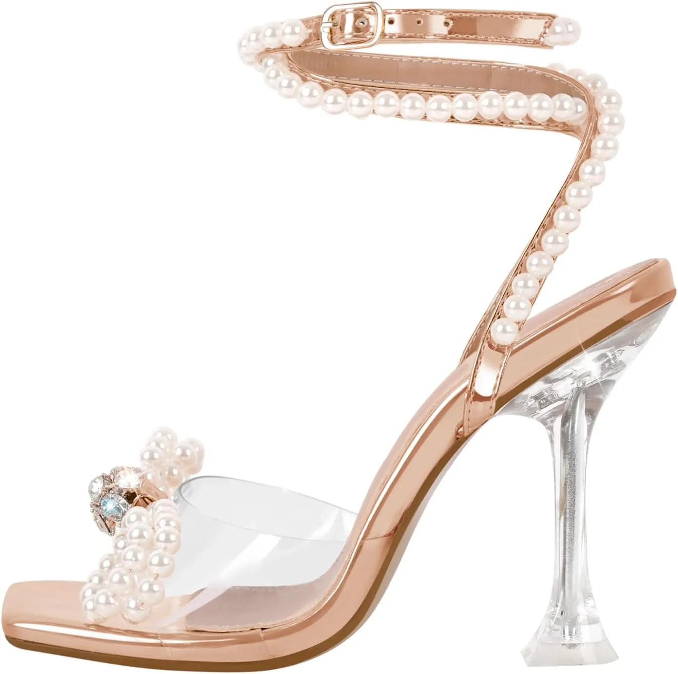 Women's Square Toe Clear Heels Sexy Rhinestone Bow Heels Open Toe Ankle Strap Stiletto High Heel Sandals