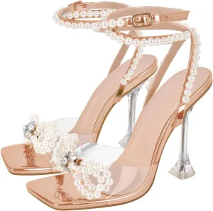 Women's Square Toe Clear Heels Sexy Rhinestone Bow Heels Open Toe Ankle Strap Stiletto High Heel Sandals