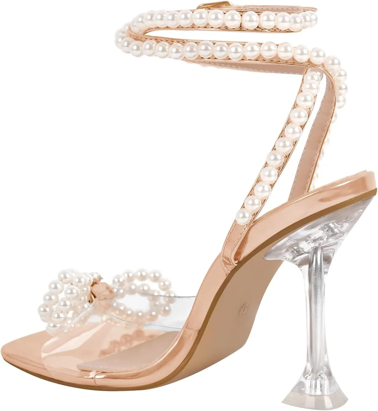 Women's Square Toe Clear Heels Sexy Rhinestone Bow Heels Open Toe Ankle Strap Stiletto High Heel Sandals