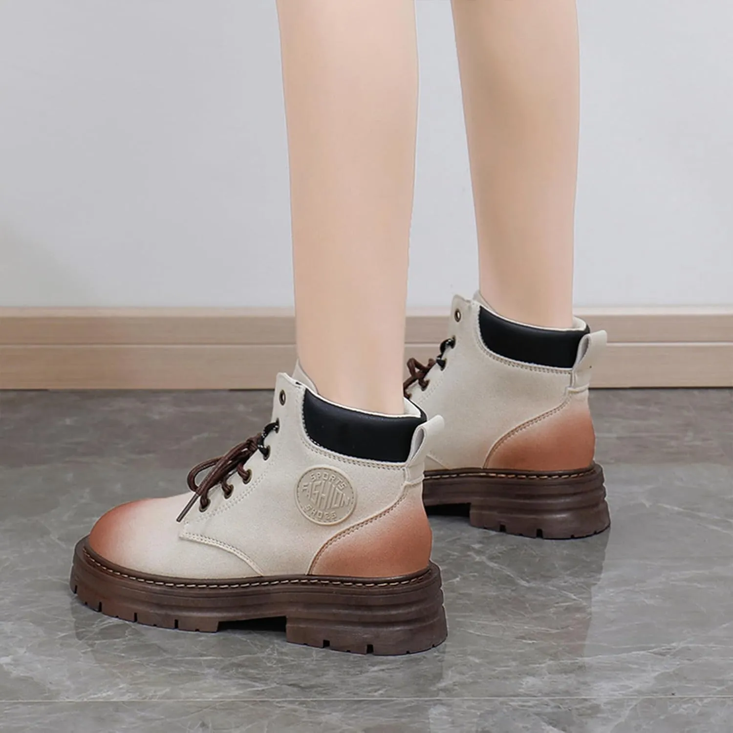 Women's Suede Lace-Up Platform Hiking Boots Fashion Round Toe Chunky Heel Casual Non-Slip Lightweight Outdoor Combat Boots