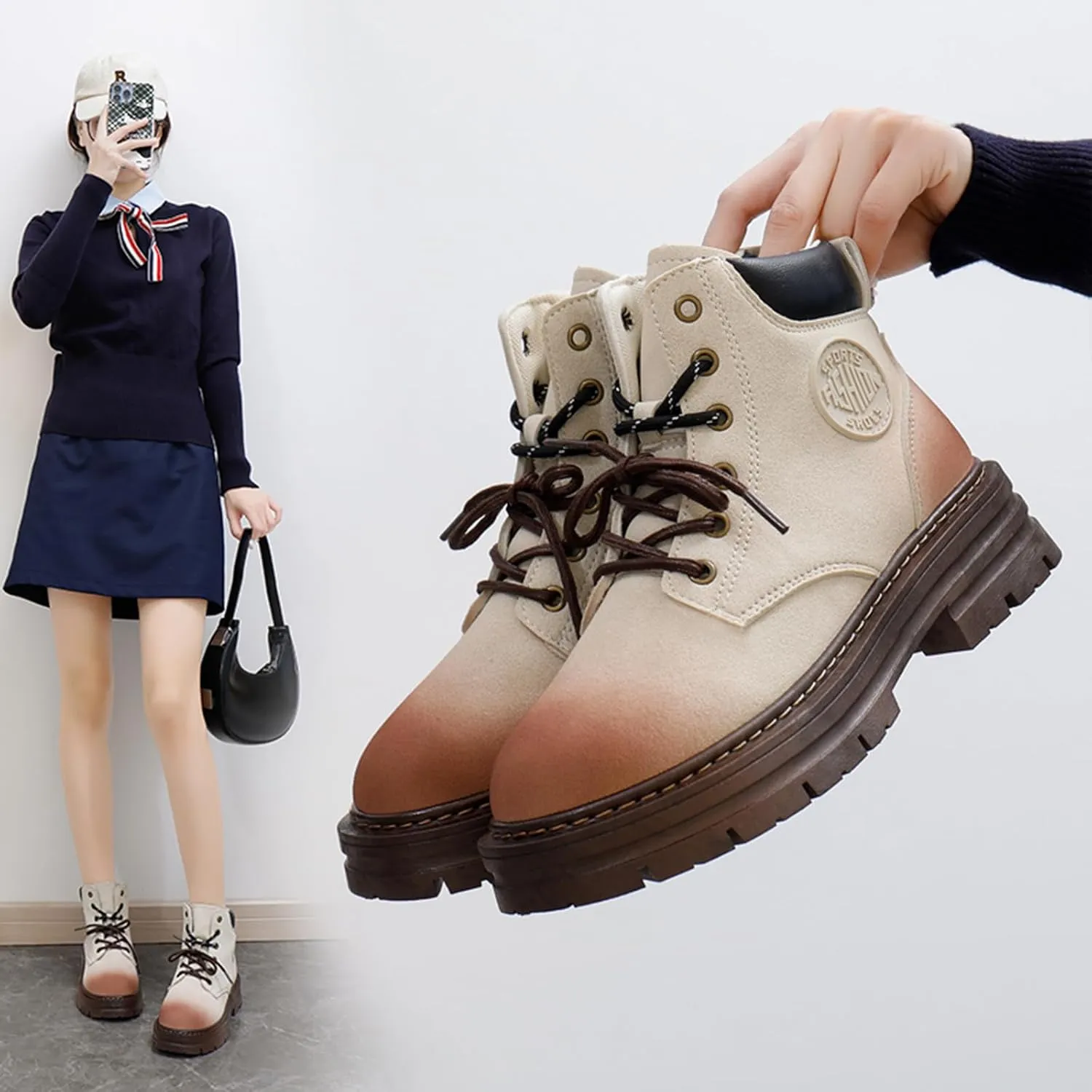 Women's Suede Lace-Up Platform Hiking Boots Fashion Round Toe Chunky Heel Casual Non-Slip Lightweight Outdoor Combat Boots