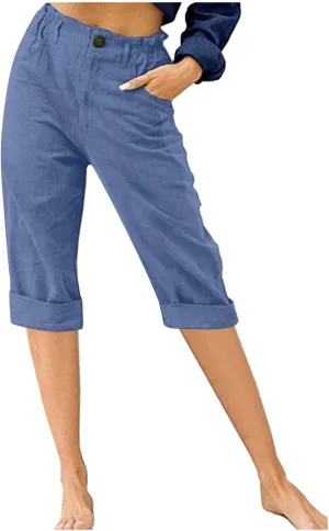 Women's Summer Capri Pants 2025 Cotton Linen Straight Leg Cropped Trousers High Waist Casual Pant with Pockets