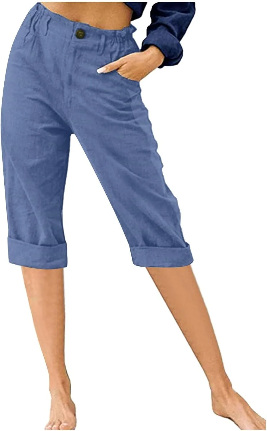 Women's Summer Capri Pants 2025 Cotton Linen Straight Leg Cropped Trousers High Waist Casual Pant with Pockets