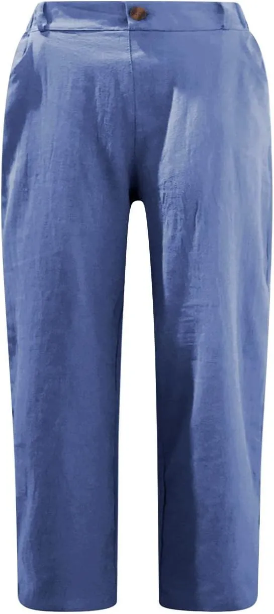 Women's Summer Capri Pants 2025 Cotton Linen Straight Leg Cropped Trousers High Waist Casual Pant with Pockets