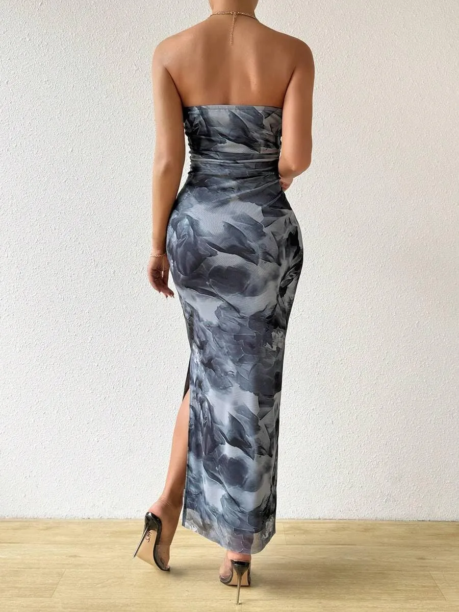 Women's Summer Dress Printed Strapless Tube Bodycon Maxi Side Slit Mesh Layered