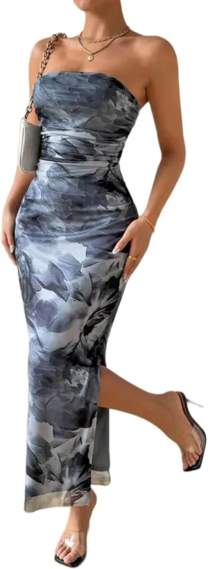 Women's Summer Dress Printed Strapless Tube Bodycon Maxi Side Slit Mesh Layered
