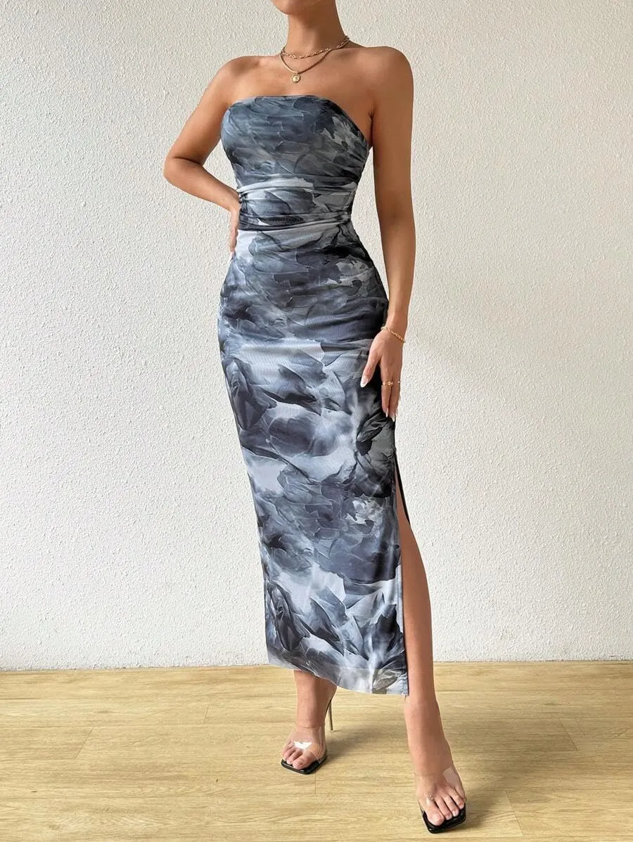 Women's Summer Dress Printed Strapless Tube Bodycon Maxi Side Slit Mesh Layered