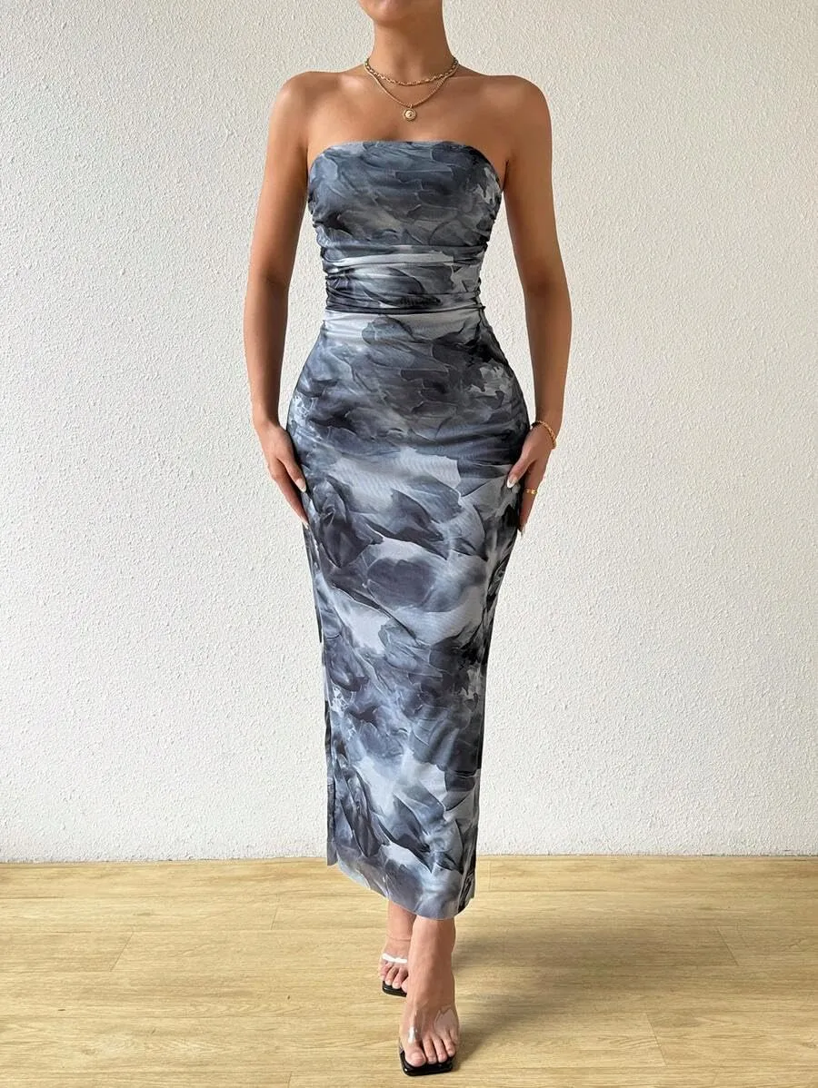 Women's Summer Dress Printed Strapless Tube Bodycon Maxi Side Slit Mesh Layered