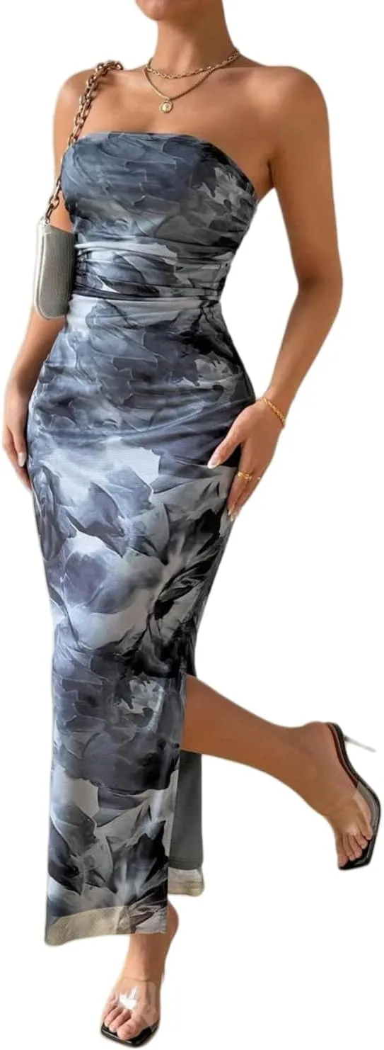 Women's Summer Dress Printed Strapless Tube Bodycon Maxi Side Slit Mesh Layered