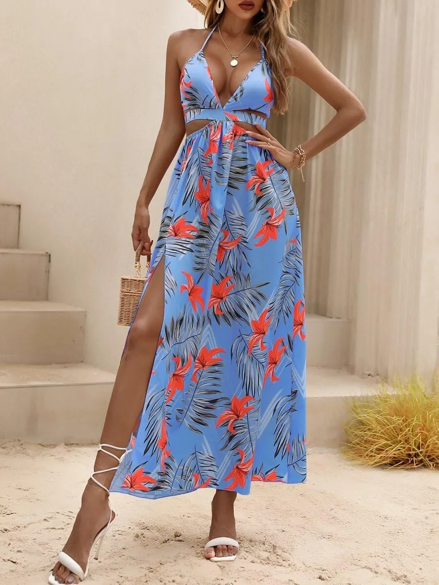Women's Summer Dress Tie Back V Neck Floral Maxi Tropical Long Beach Vacation Side Slit